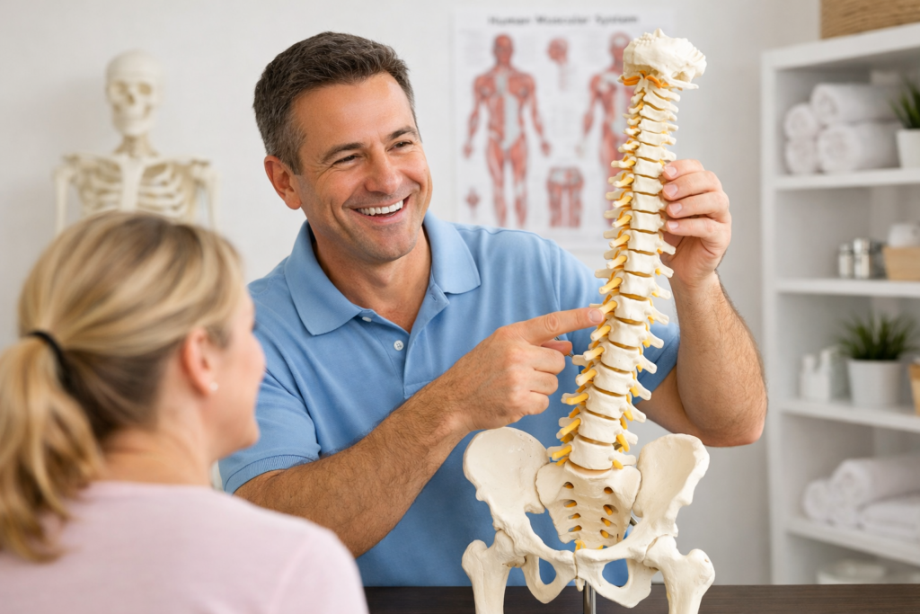 Oshawa chiropractor explaining spine health to a patient