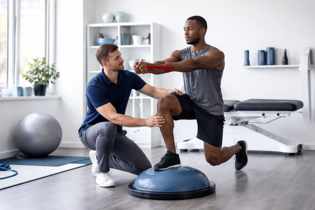 Sport therapist helping an athlete with injury recovery exercise
