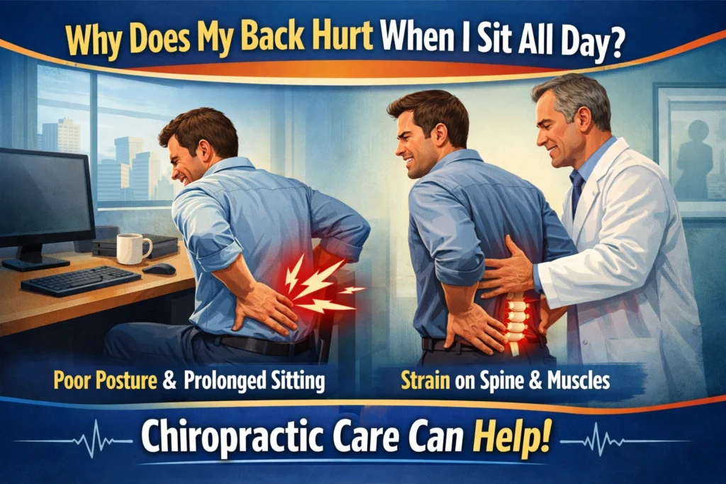 Person sitting at desk with lower back pain being treated by chiropractor in Oshawa