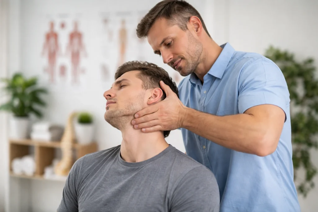 Chiropractor adjusting neck pain patient at Oshawa chiropractic clinic