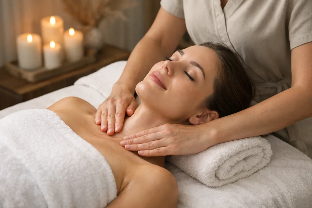 A patient receiving a relaxing lymphatic drainage massage oshawa.
