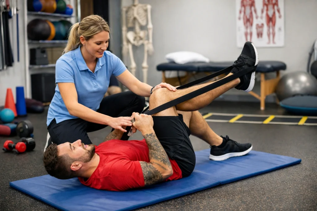An athlete undergoing recovery exercises during a sport therapy near me session.