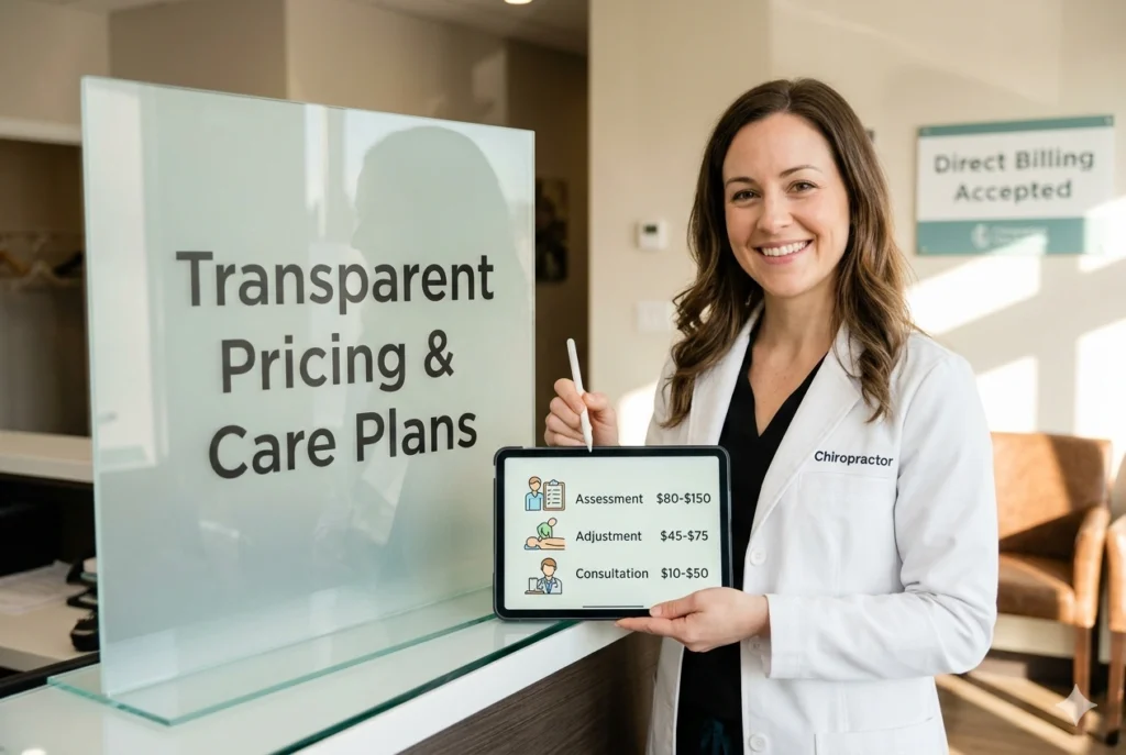 Oshawa chiropractor in a clean, modern clinic setting, using a tablet to provide transparent pricing information. It visualizes the core concept of clear, affordable care.