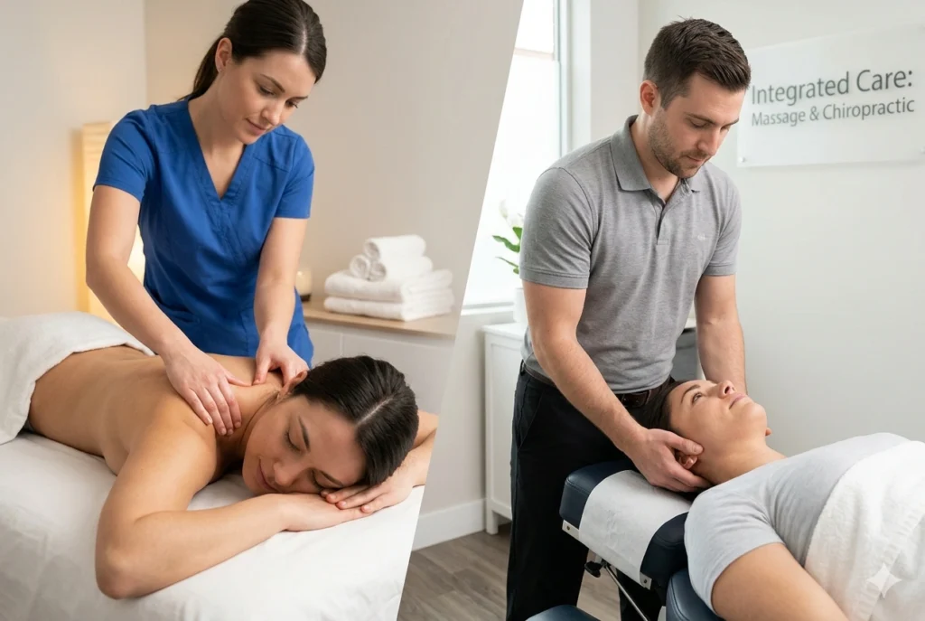 This dual-focus image visualizes the integrated approach. One side shows soft tissue relief via massage, and the other shows skeletal alignment via a chiropractic adjustment, capturing the synergy of the two treatments.