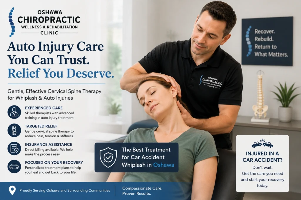 An experienced therapist providing gentle cervical spine therapy for an auto injury patient seeking the best treatment for car accident whiplash in Oshawa.
