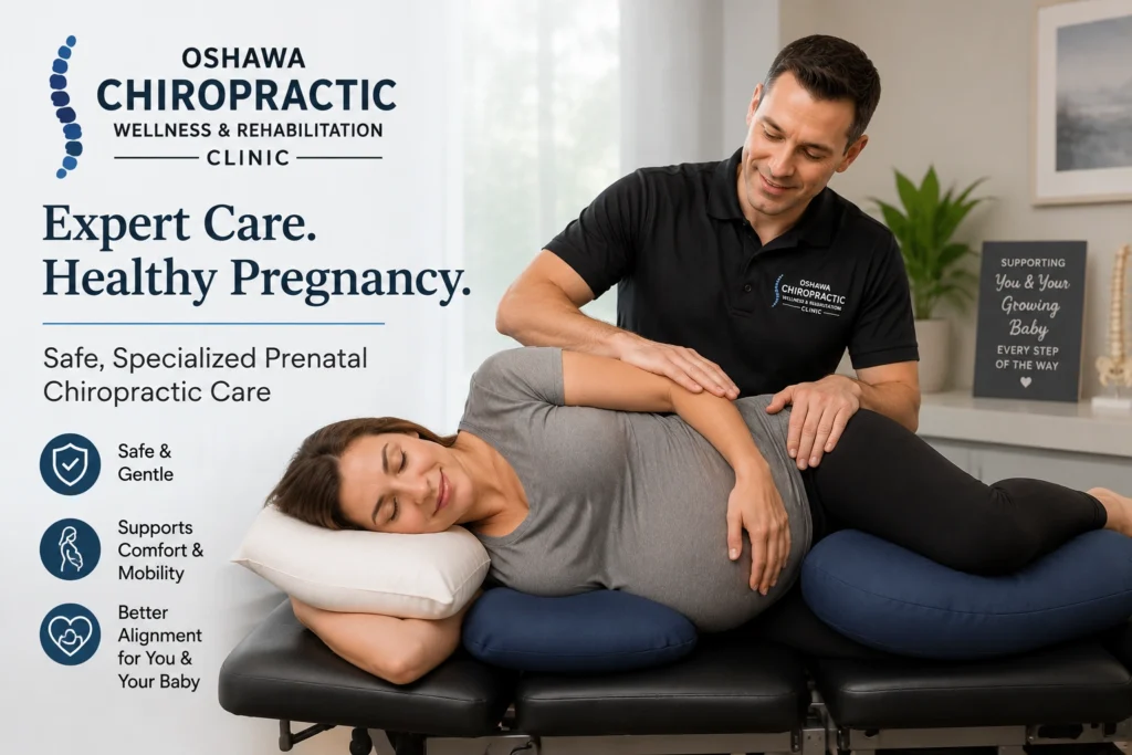 A pregnant woman receiving a safe, specialized prenatal chiropractic adjustment using pregnancy pillows at an Oshawa clinic.