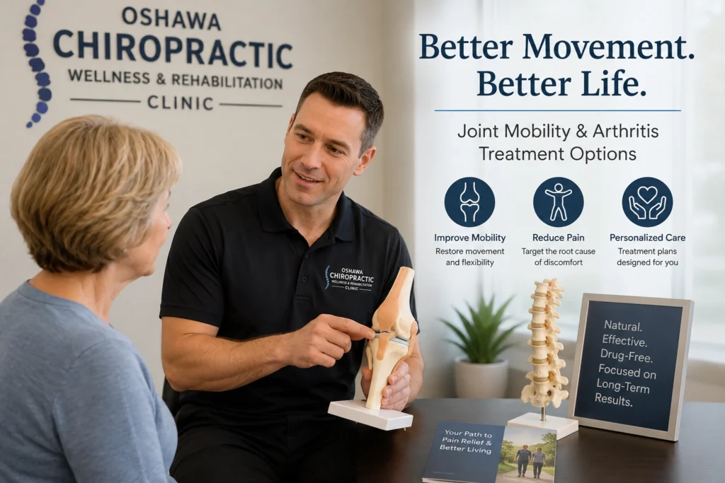 A chiropractor explaining joint mobility and arthritis treatment options to a patient at Oshawa Chiropractic & Physiotherapy Wellness Centre.
